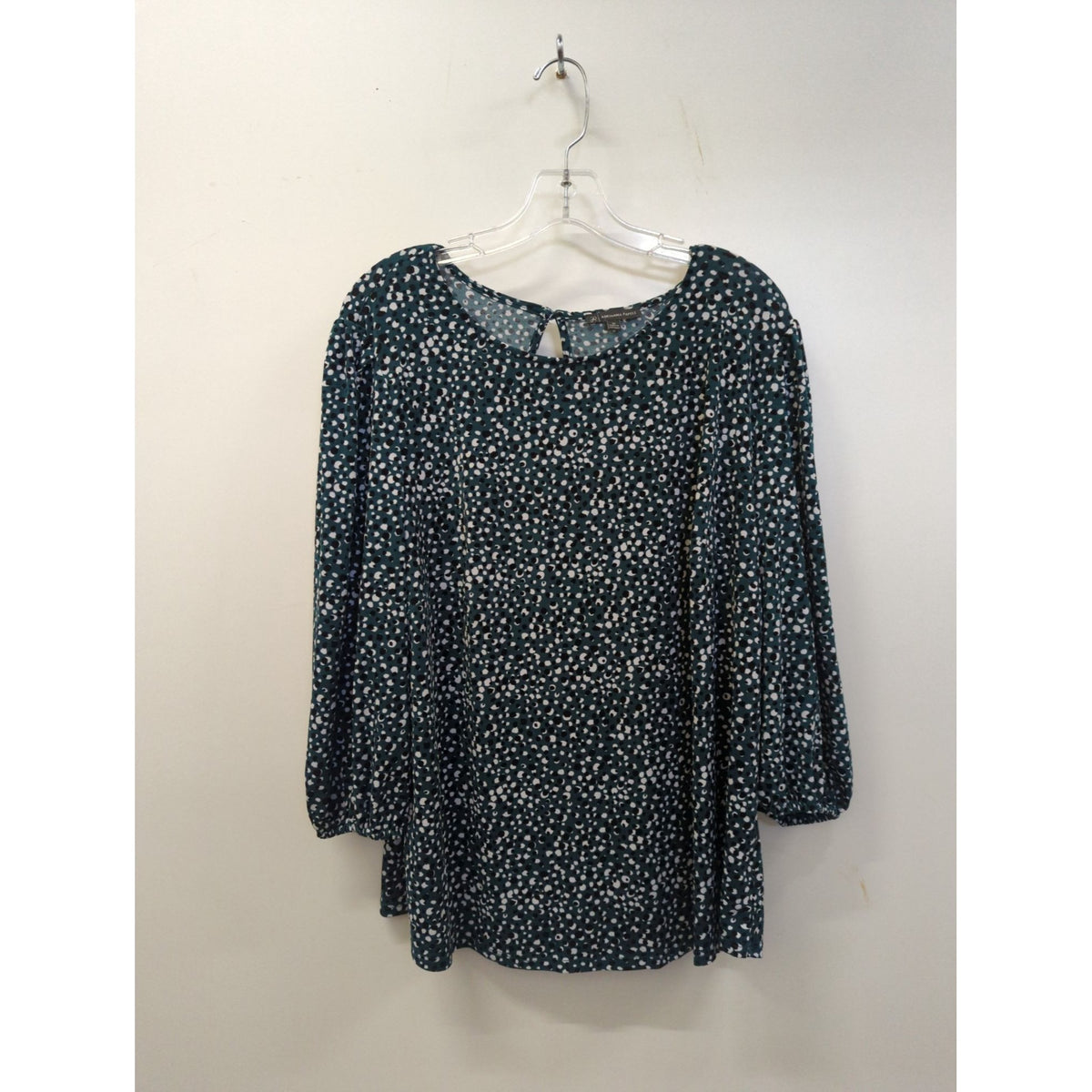 Adrianna Papell Green Polka Dot Print Blouse With 3/4 Sleeves & Keyhole Back Womens 1X