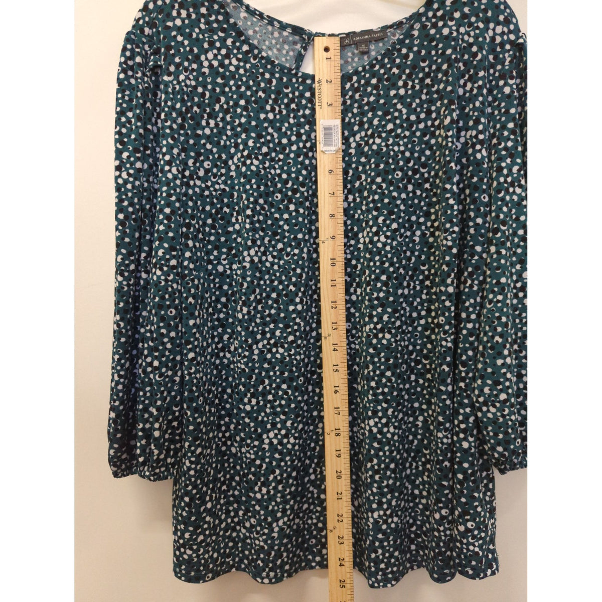 Adrianna Papell Green Polka Dot Print Blouse With 3/4 Sleeves & Keyhole Back Womens 1X