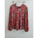 Red Floral Long Sleeve Top With Ruffled Neckline & Cuffs Size M Polyester Blend