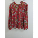 Red Floral Long Sleeve Top With Ruffled Neckline & Cuffs Size M Polyester Blend