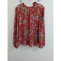Red Floral Long Sleeve Top With Ruffled Neckline & Cuffs Size M Polyester Blend