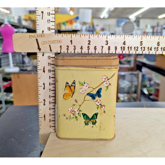 Vintage NFR Metal Tin With Butterfly & Floral Design Yellow Finish 4.5" Tall Squ