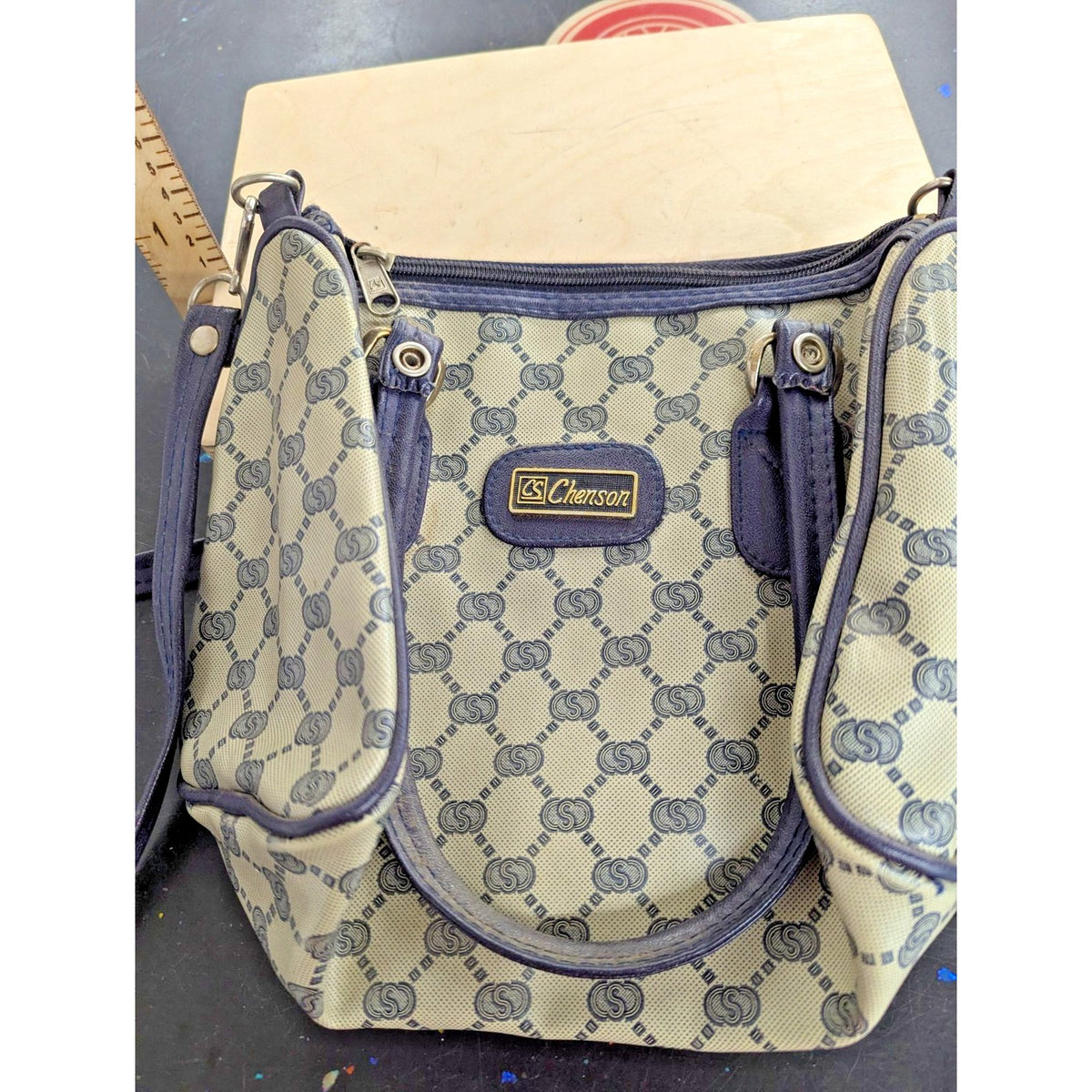 Chenson Designer Handbag Signature Monogram Navy Blue Canvas Leather Trim Should