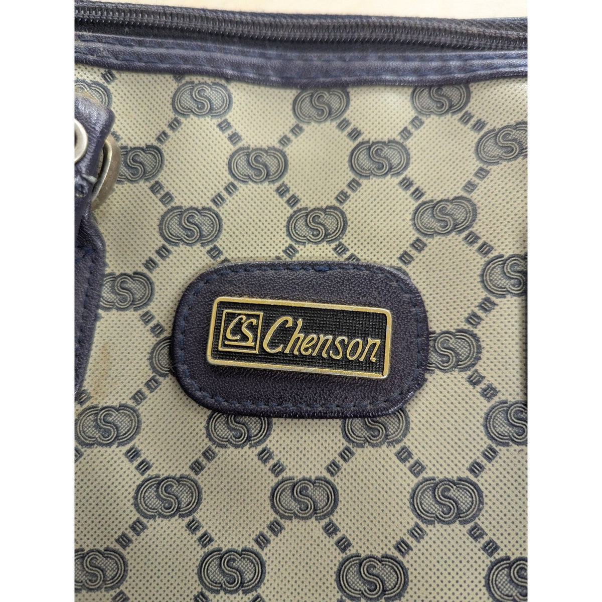Chenson Designer Handbag Signature Monogram Navy Blue Canvas Leather Trim Should