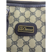 Chenson Designer Handbag Signature Monogram Navy Blue Canvas Leather Trim Should