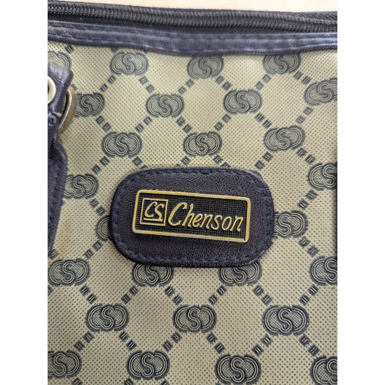 Chenson Designer Handbag Signature Monogram Navy Blue Canvas Leather Trim Should