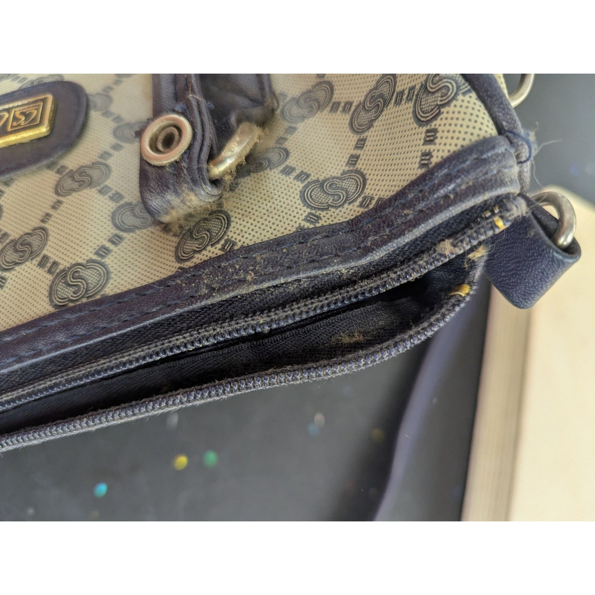 Chenson Designer Handbag Signature Monogram Navy Blue Canvas Leather Trim Should