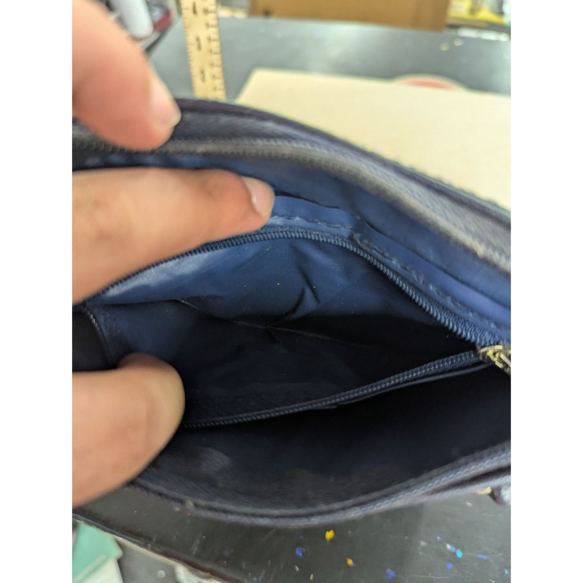 Chenson Designer Handbag Signature Monogram Navy Blue Canvas Leather Trim Should