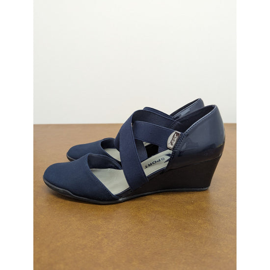 AK Sport Navy Wedge Heels With Elastic Straps Size 8M Womens Comfortable Dress Shoes