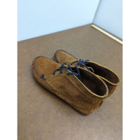 Minnetonka Brown Suede Moccasin Boots With Blue Stitching & Laces Rubber Sole Size 7.5 Pre-Owned