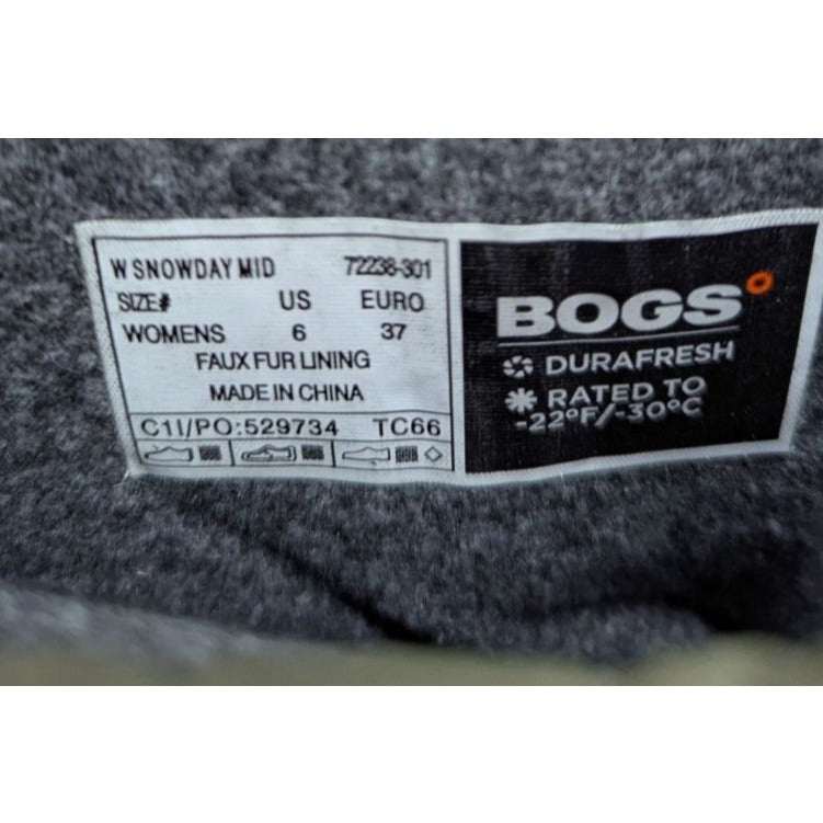 Bogs Womens Snowday Mid Boots Size 6 Olive Green Quilted Faux Fur Lining Waterpr