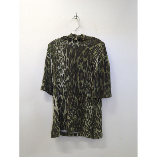 Animal Print Green/Black High-Neck Short-Sleeve Top Lightweight Fabric Relaxed Fit