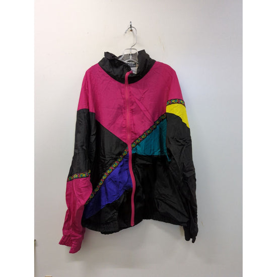 Vintage Longstreet Missy Colorblock Windbreaker Jacket With Floral Trim - Pink Black Yellow & Teal - Womens Size L