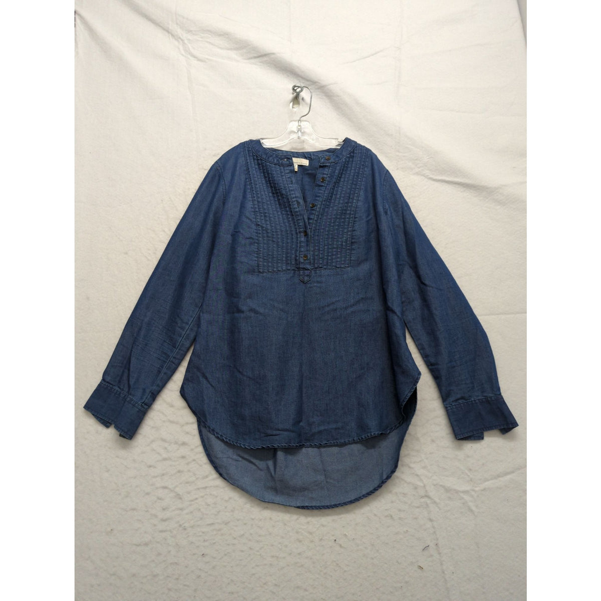 Fourteenth Place Womens Denim Button-Front Pintuck Tunic Top S/P Long-Sleeve