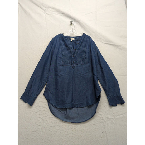 Fourteenth Place Womens Denim Button-Front Pintuck Tunic Top S/P Long-Sleeve