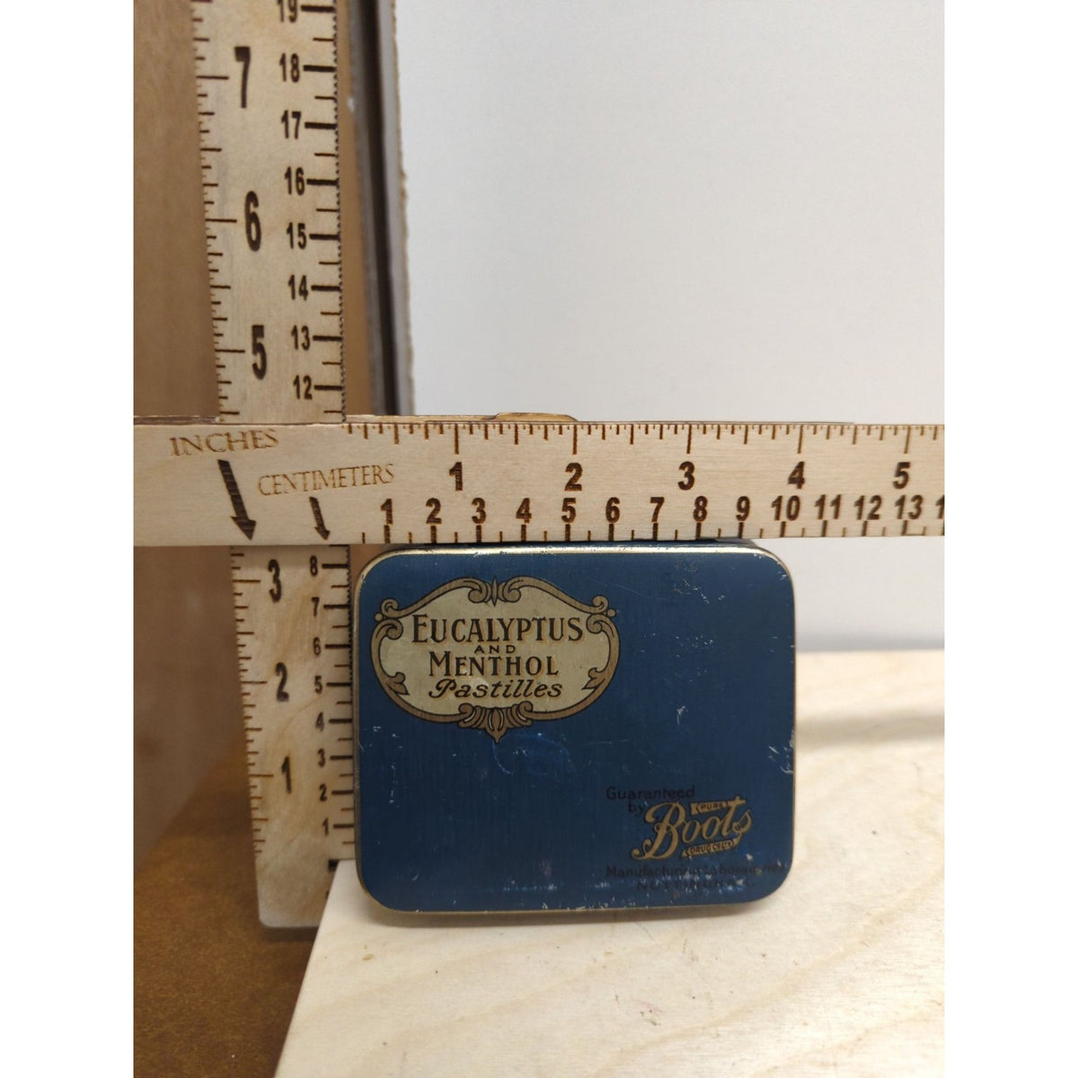 EMPTY Eucalyptus & Menthol Pastilles Tin Rectangular Blue & Gold 3"x2"x0