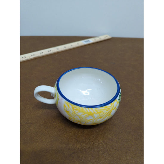 Hand-Painted Ceramic Tea Cup With Floral Yellow & Blue Accents 2.5" Tall Multicolor Design