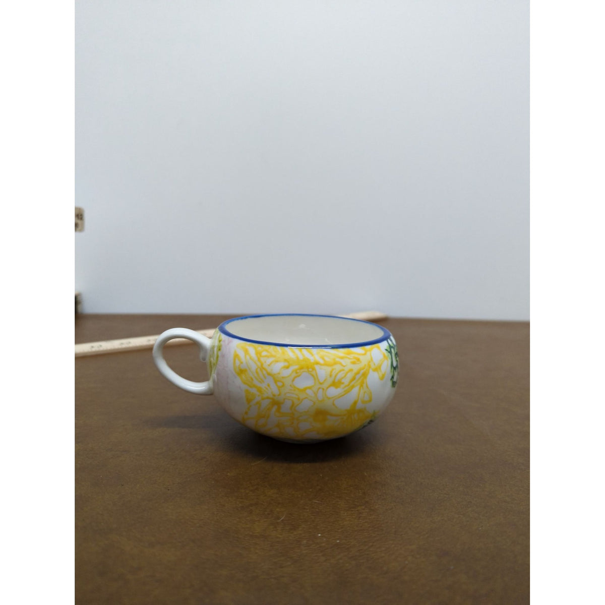 Hand-Painted Ceramic Tea Cup With Floral Yellow & Blue Accents 2.5" Tall Multicolor Design
