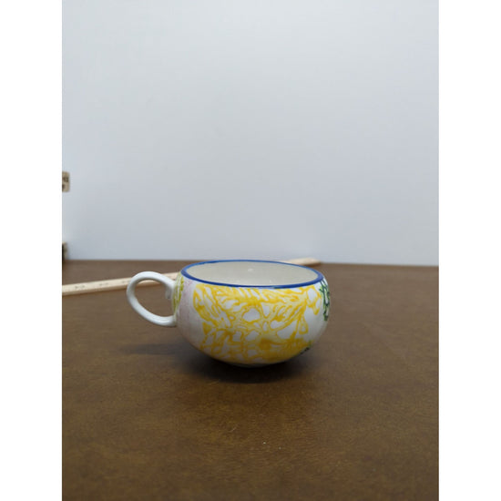 Hand-Painted Ceramic Tea Cup With Floral Yellow & Blue Accents 2.5" Tall Multicolor Design