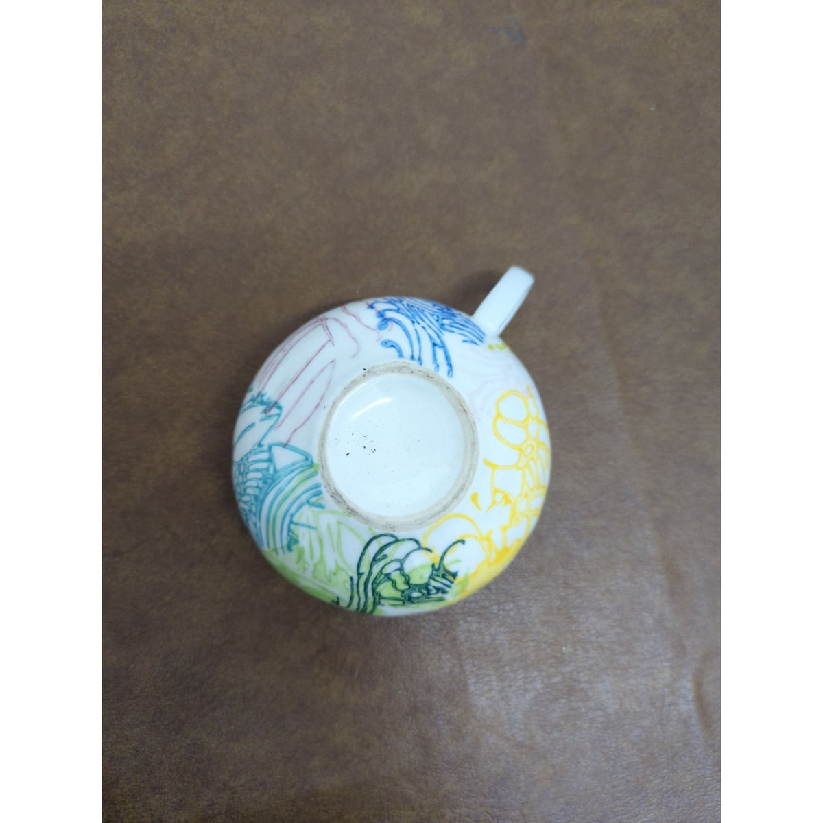 Hand-Painted Ceramic Tea Cup With Floral Yellow & Blue Accents 2.5" Tall Multicolor Design