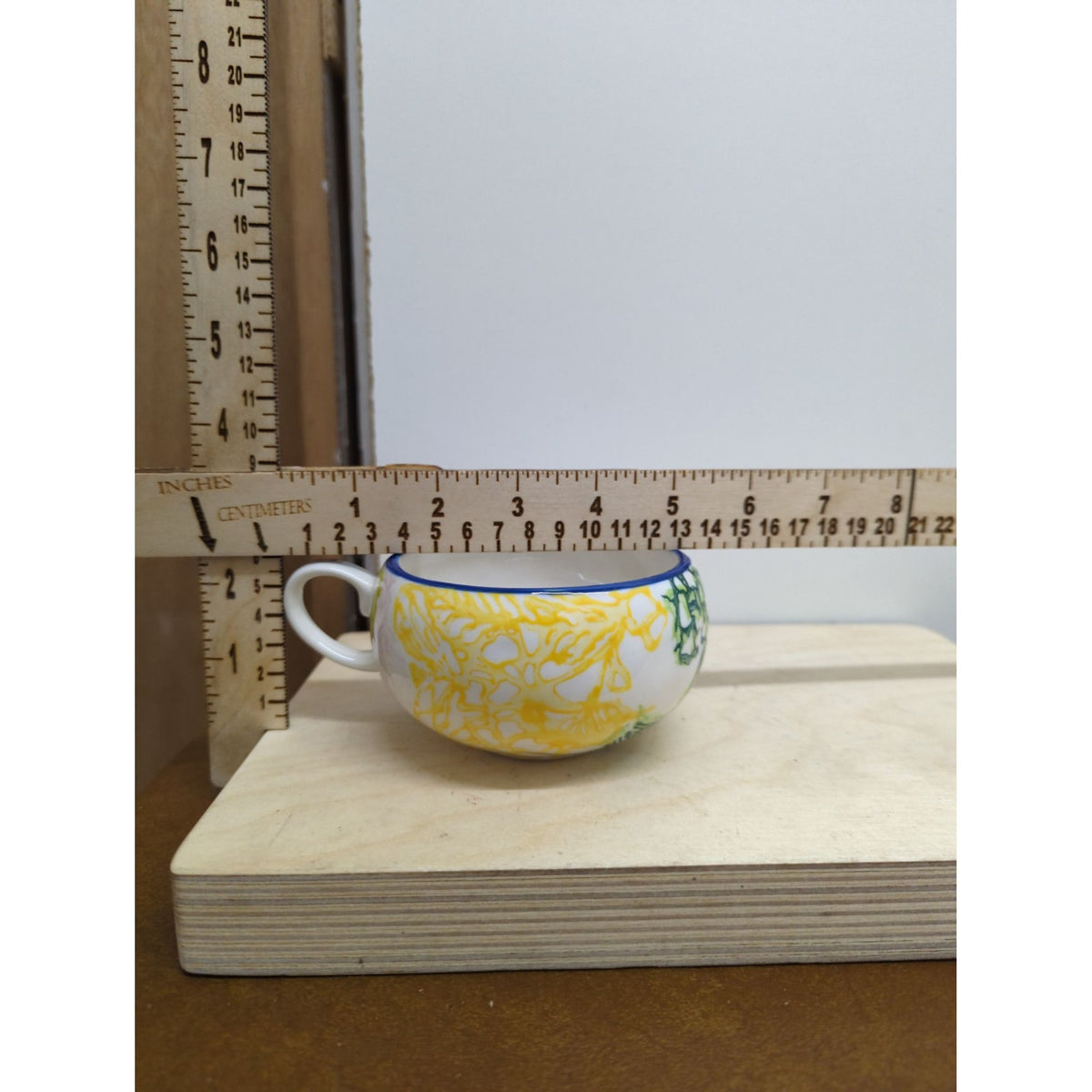Hand-Painted Ceramic Tea Cup With Floral Yellow & Blue Accents 2.5" Tall Multicolor Design