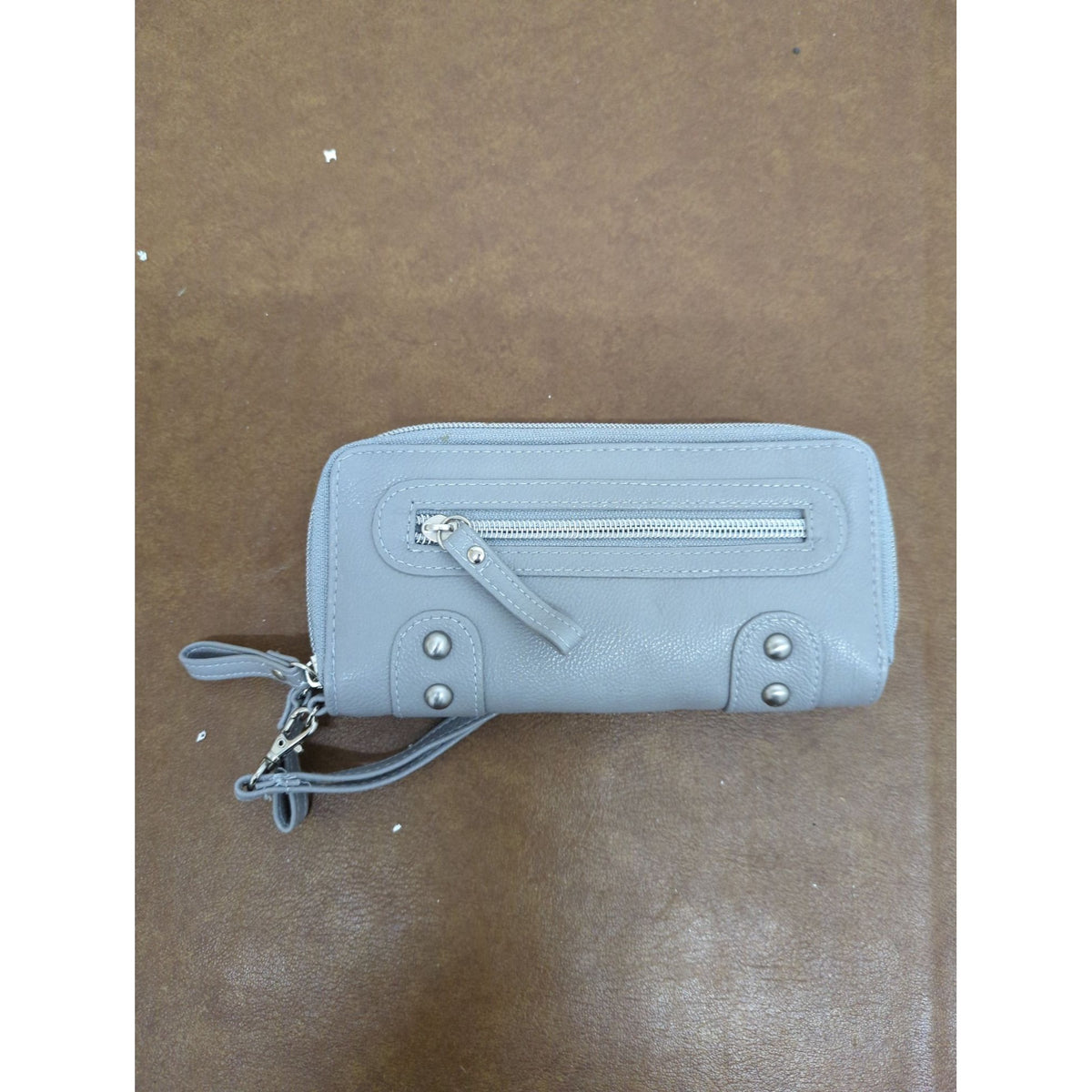 Gray Zippered Wristlet Wallet With Studded Details Multiple Compartments & Card Slots 8" x 4.5" Faux Leather