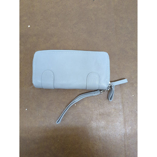 Gray Zippered Wristlet Wallet With Studded Details Multiple Compartments & Card Slots 8" x 4.5" Faux Leather
