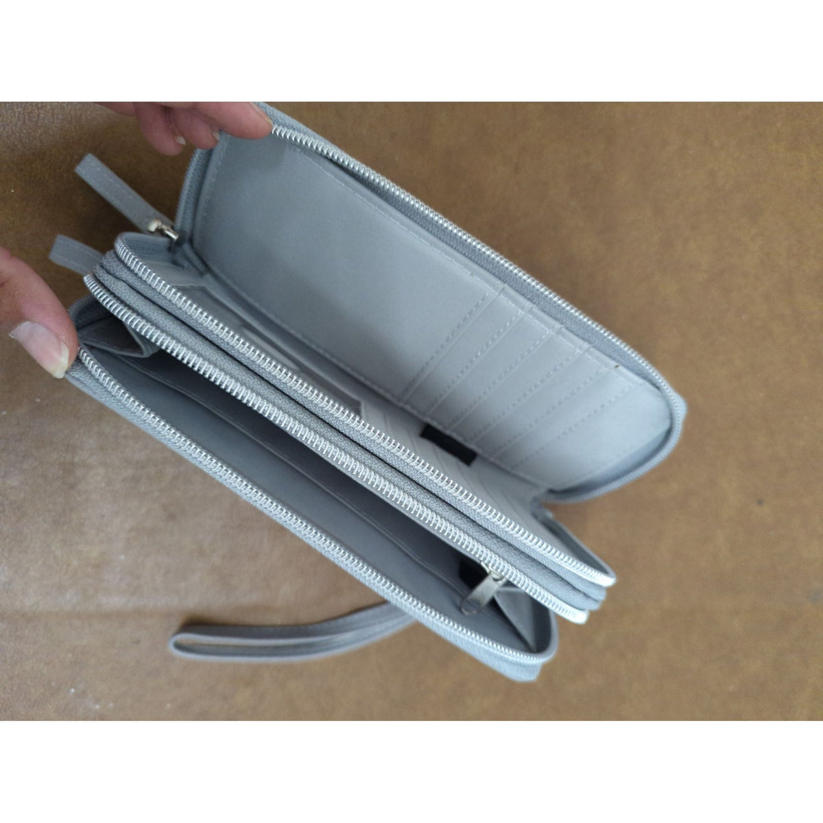 Gray Zippered Wristlet Wallet With Studded Details Multiple Compartments & Card Slots 8" x 4.5" Faux Leather
