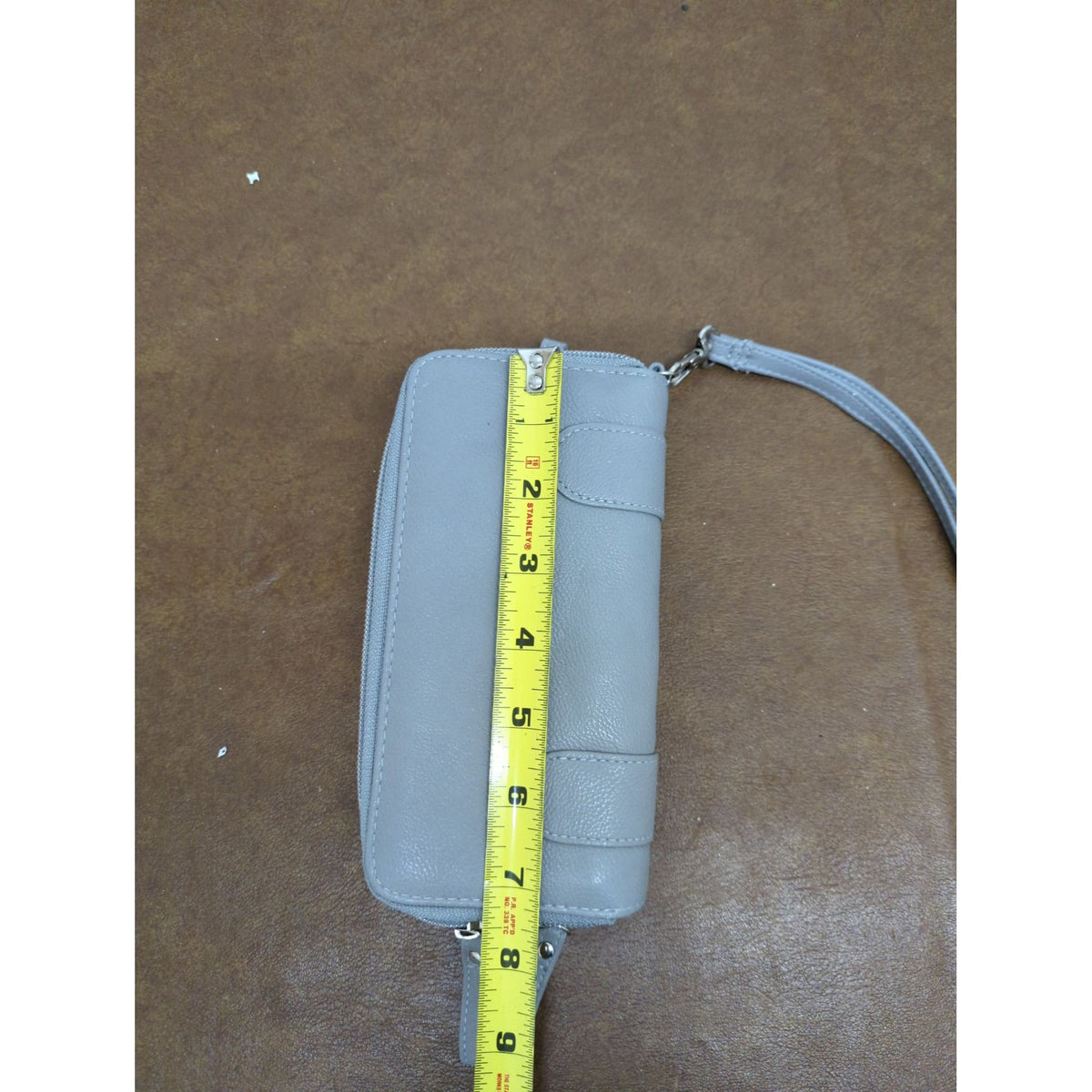 Gray Zippered Wristlet Wallet With Studded Details Multiple Compartments & Card Slots 8" x 4.5" Faux Leather