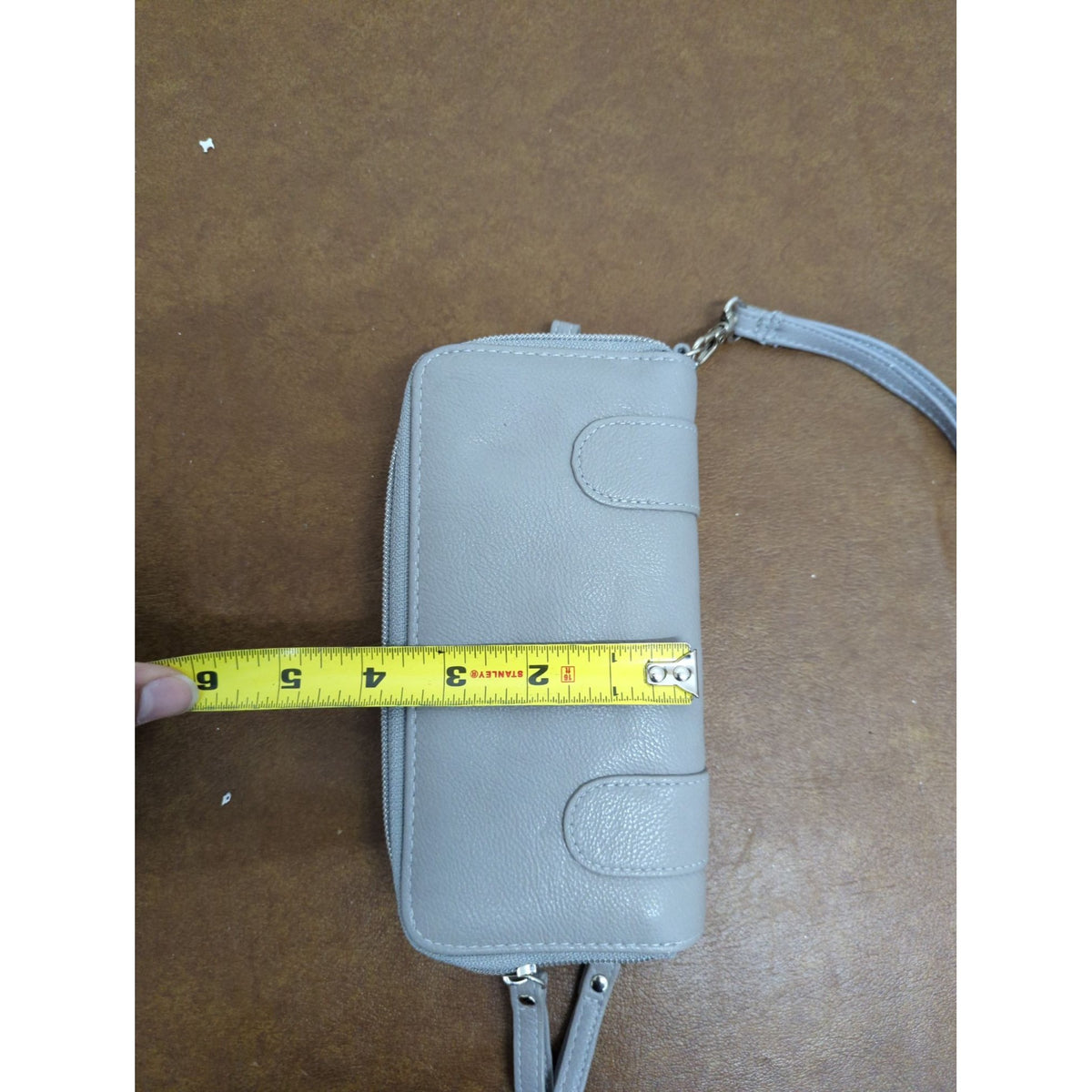 Gray Zippered Wristlet Wallet With Studded Details Multiple Compartments & Card Slots 8" x 4.5" Faux Leather