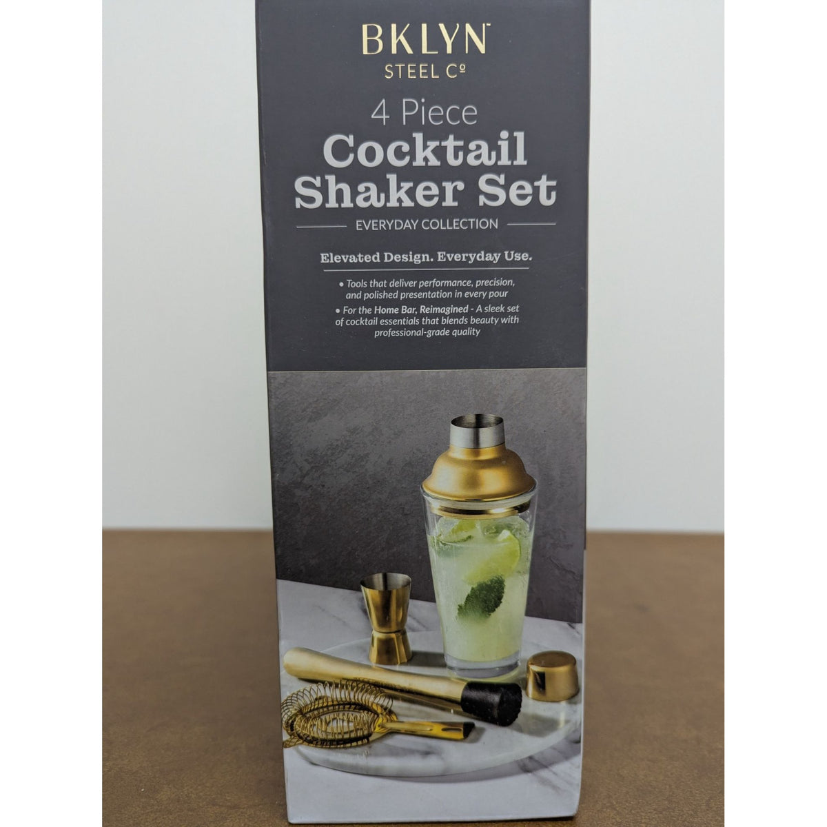 BKLYN Steel Co 4-Piece Gold Cocktail Shaker Set With Strainer Jigger & Muddler - Everyday Collection