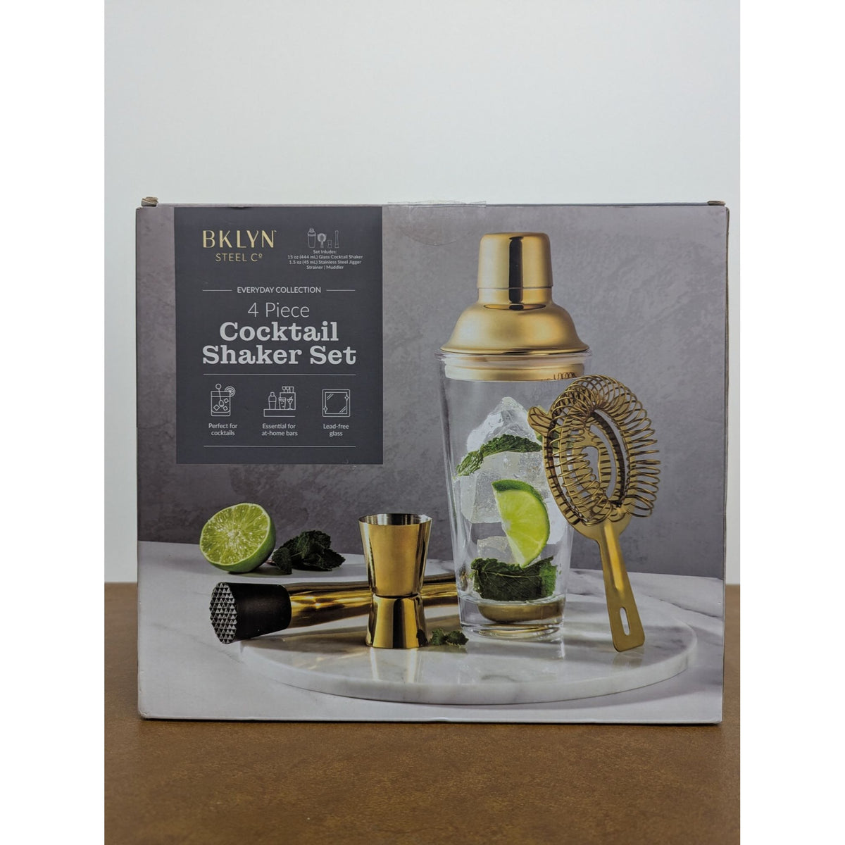 BKLYN Steel Co 4-Piece Gold Cocktail Shaker Set With Strainer Jigger & Muddler - Everyday Collection