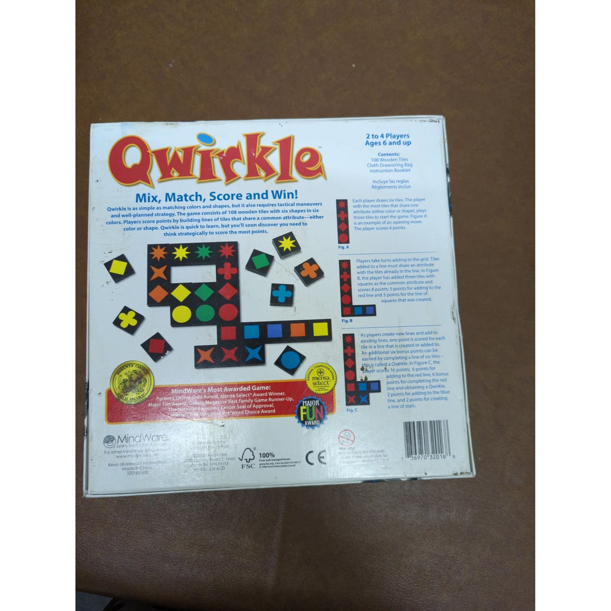 Qwirkle Board Game For 2-4 Players Ages 6+ Mix Match Score Fun Mensa Select Award