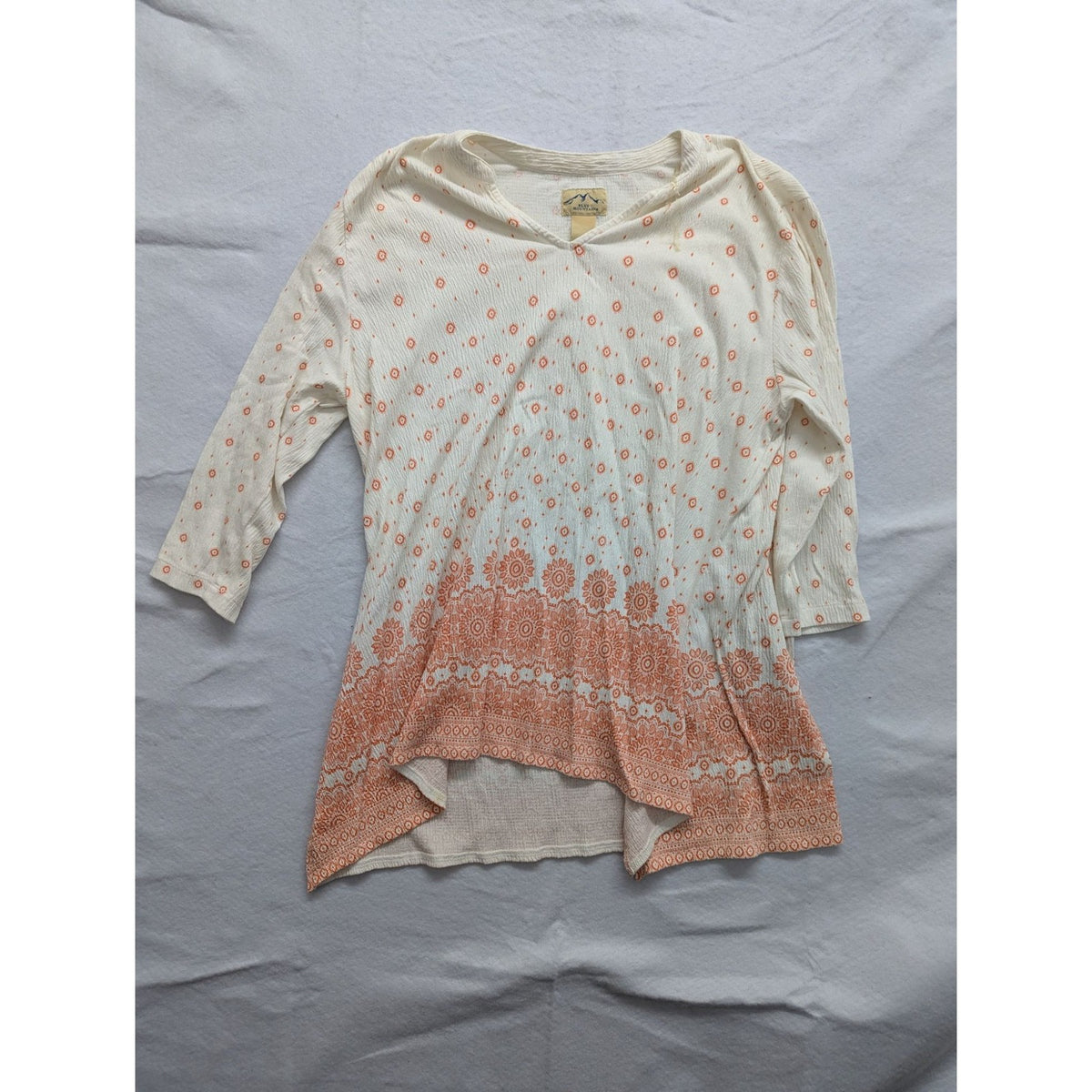 Blue Mountain Womens Long Sleeve Tunic Top L Cotton Blend Orange Print