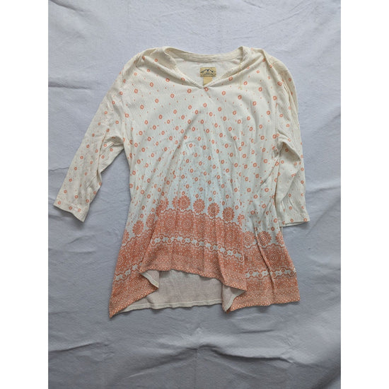 Blue Mountain Womens Long Sleeve Tunic Top L Cotton Blend Orange Print