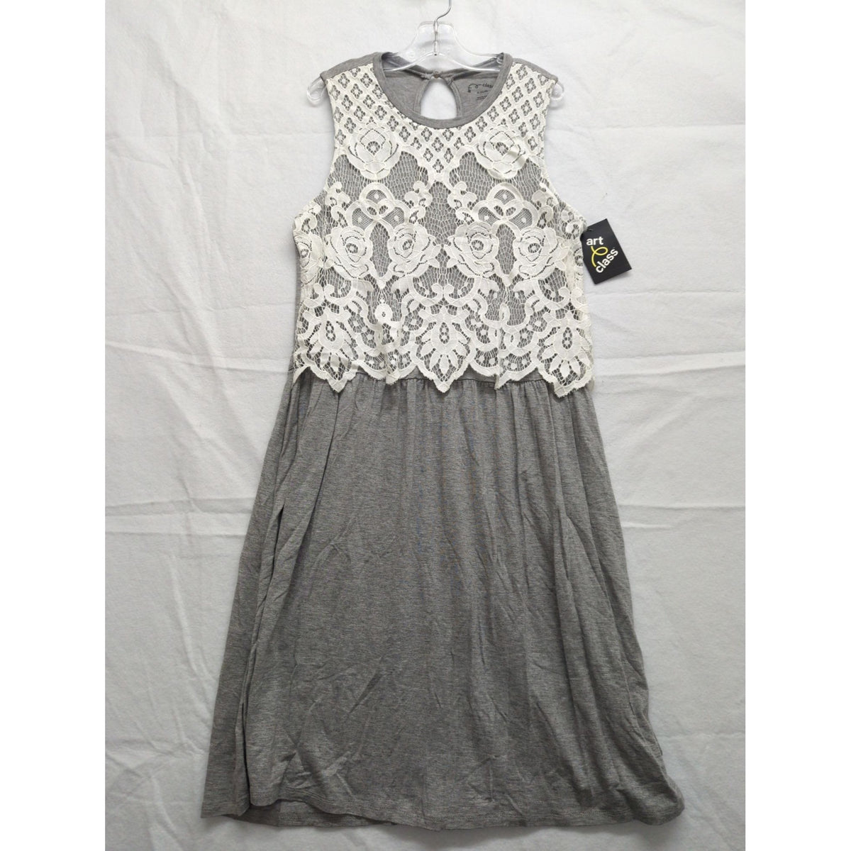 Art Class Girls Gray Sleeveless Dress With White Floral Lace Overlay XL 14/16