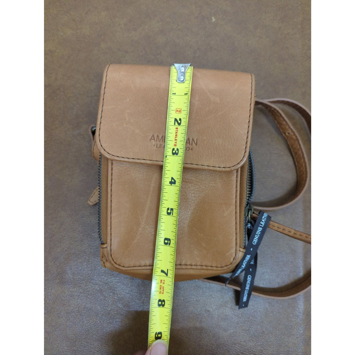 American Leather Co. Crossbody Bag Tan Genuine Leather Compact Adjustable Strap 8"x5"x2"