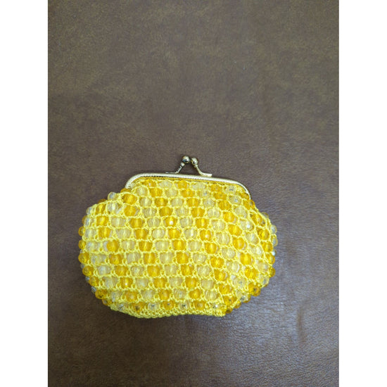 Yellow Beaded Vintage-Style Coin Purse With Gold Metal Frame & Satin Lining