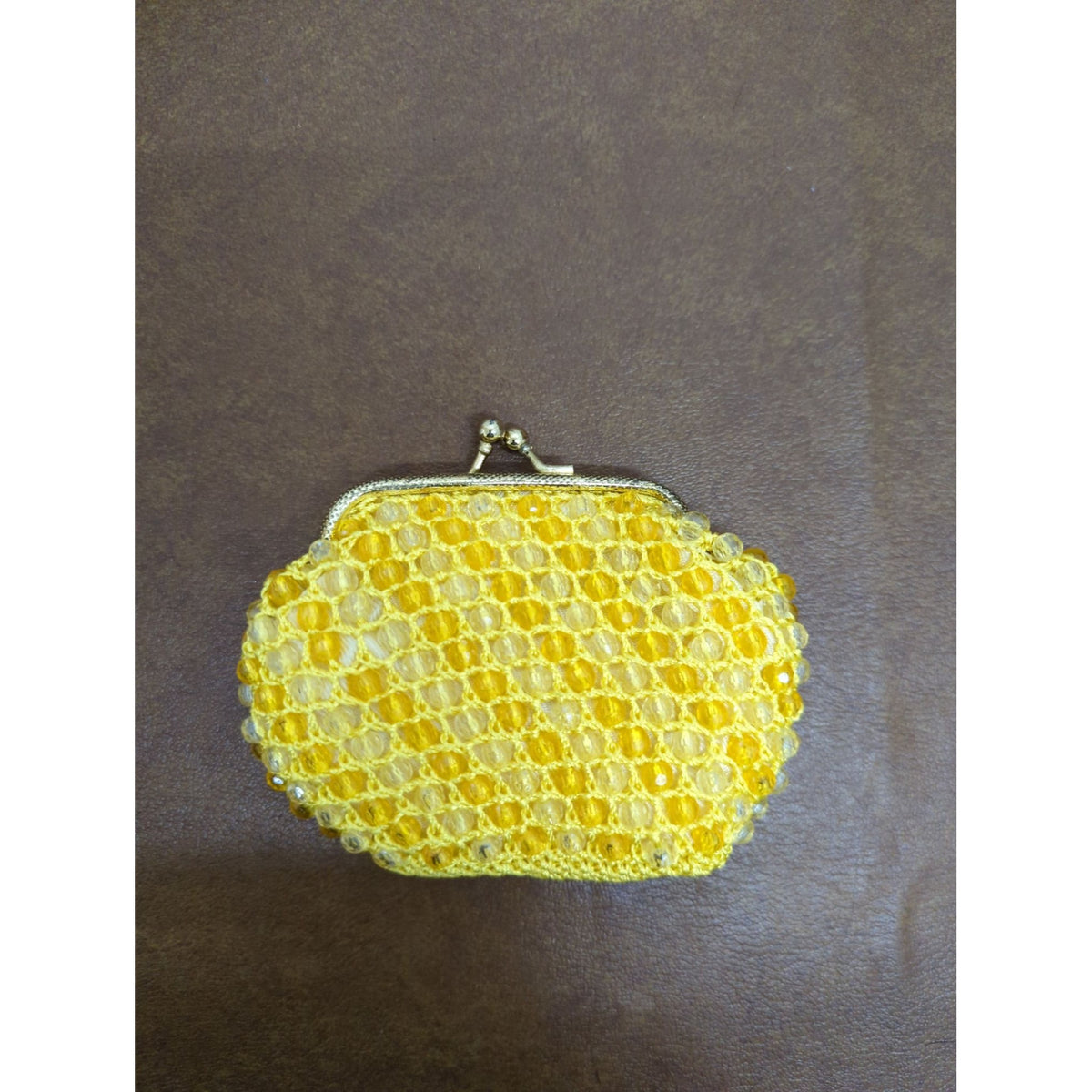 Yellow Beaded Vintage-Style Coin Purse With Gold Metal Frame & Satin Lining