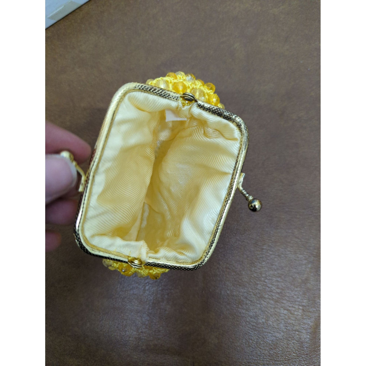 Yellow Beaded Vintage-Style Coin Purse With Gold Metal Frame & Satin Lining