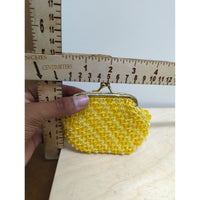 Yellow Beaded Vintage-Style Coin Purse With Gold Metal Frame & Satin Lining
