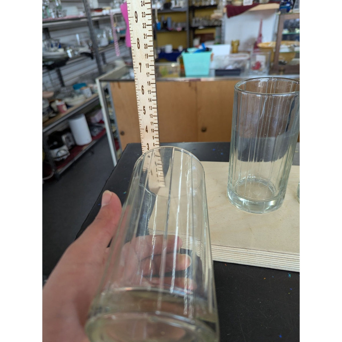 Set Of 3 Ribbed Clear Glass Tumblers 6" Tall