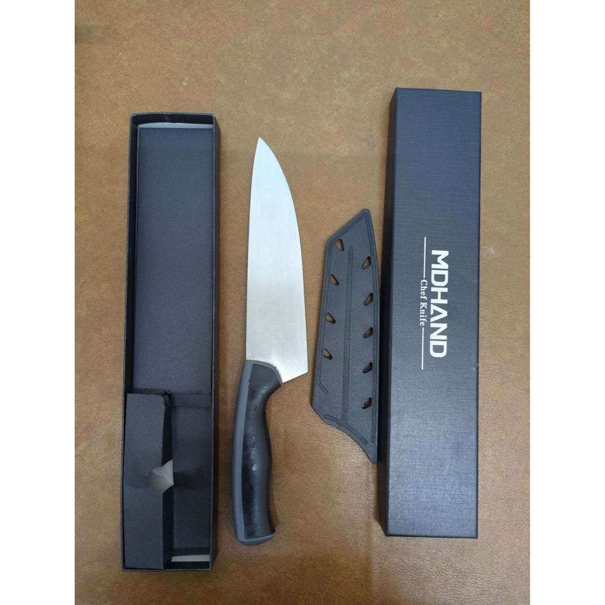MDHAND Chef Knife With Protective Sheath - Stainless Steel Blade & Ergonomic Handle - Black Gift Box Packaging