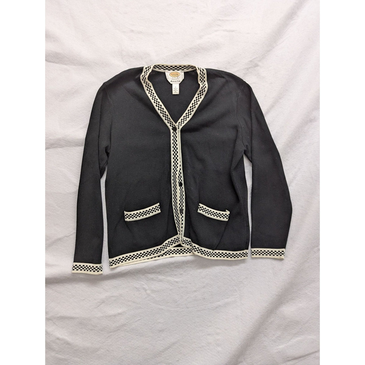 Talbots Petites Black Cardigan Sweater With Checkered Trim Made In Italy S