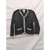 Talbots Petites Black Cardigan Sweater With Checkered Trim Made In Italy S