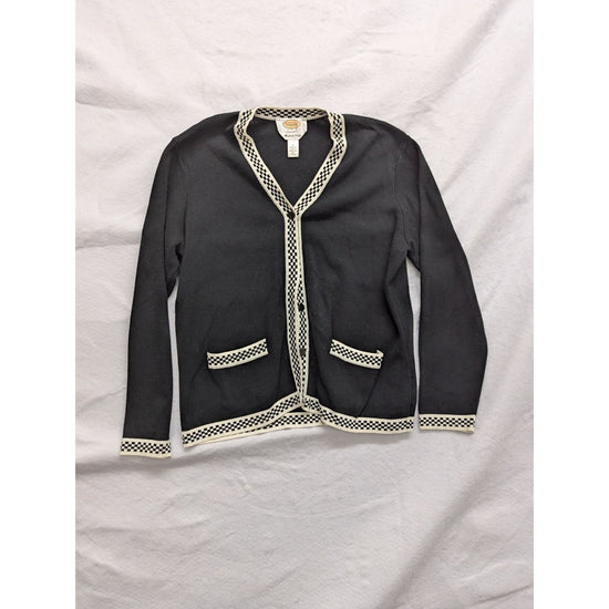 Talbots Petites Black Cardigan Sweater With Checkered Trim Made In Italy S