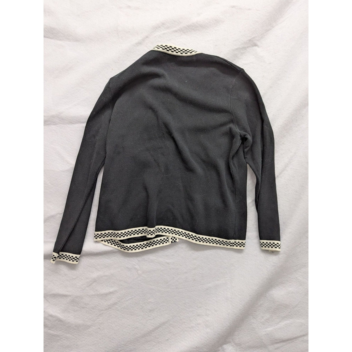 Talbots Petites Black Cardigan Sweater With Checkered Trim Made In Italy S