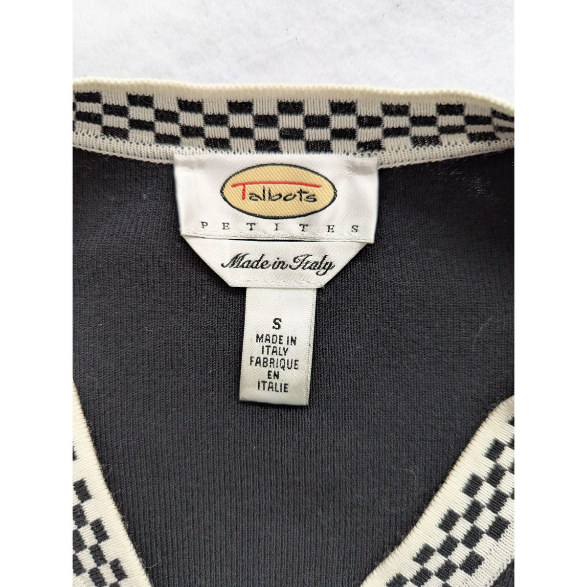 Talbots Petites Black Cardigan Sweater With Checkered Trim Made In Italy S