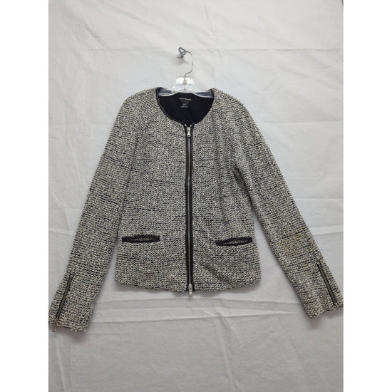Club Monaco Black & White Tweed Zip-Up Jacket Medium Two Pockets Zipper Cuffs Polyester Blend Made In China