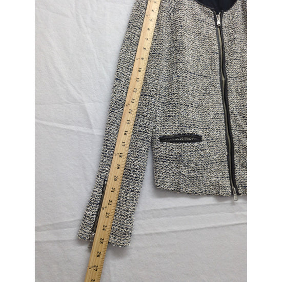 Club Monaco Black & White Tweed Zip-Up Jacket Medium Two Pockets Zipper Cuffs Polyester Blend Made In China